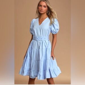 Light Blue Cotton Puff Sleeve Dress